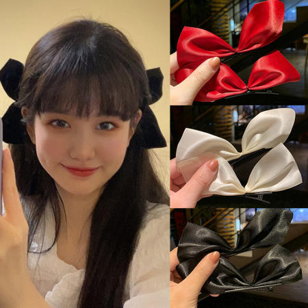 Retro Black Red Bow Hair Clip Silk Ribbon Hairpin Sweet Korean Style Bangs Hairpin for Women Girls Hair Accessories