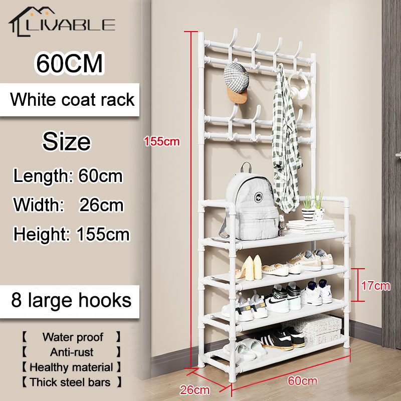 LIVABLE 4 Layer Shoe Hat Rack Stainless Steel Floor Coat Rack Multifunctional Shoe Rack Storage Organizer with Hooks - Image 2