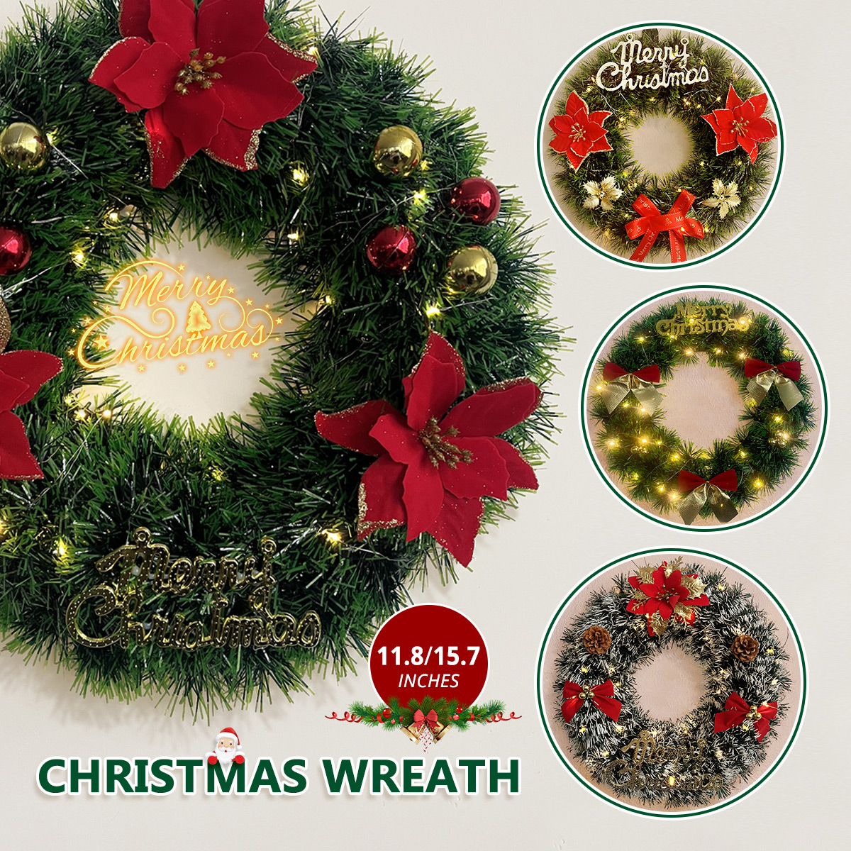 Product photo of Poinsettia Pine Christmas Wreath with Lights and Bows from its Lazada listing