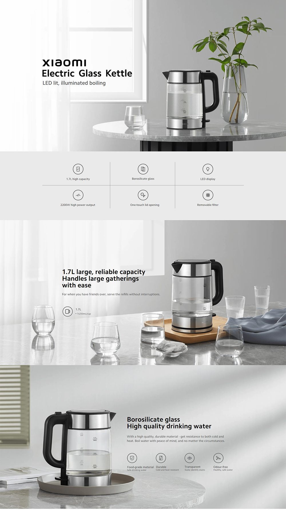 Xiaomi Electric Glass Kettle 1.7L Capacity 2200W Power Borosilicate  Transparent Glass Pot