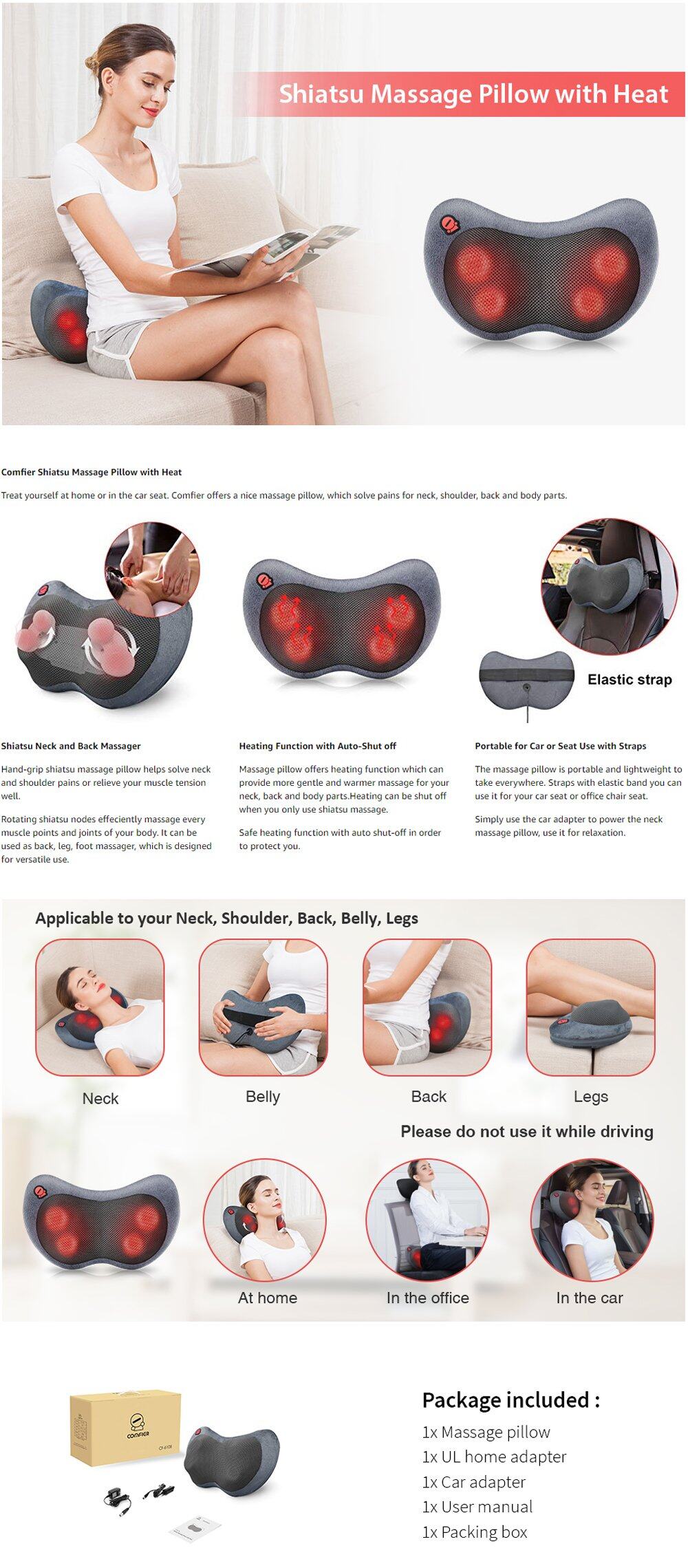 NEW Comfier Neck and Back Massager w/Heat Shiatsu Massage Pillow Gray  CF-6108G