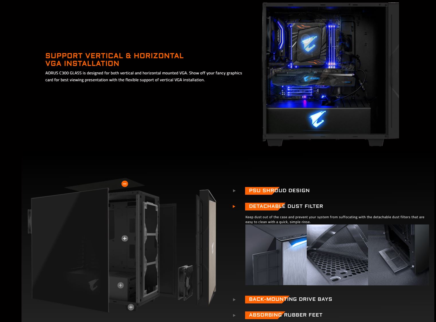 GIGABYTE AORUS C300 PC Case with 4mm Tempered Glass Panel, RGB