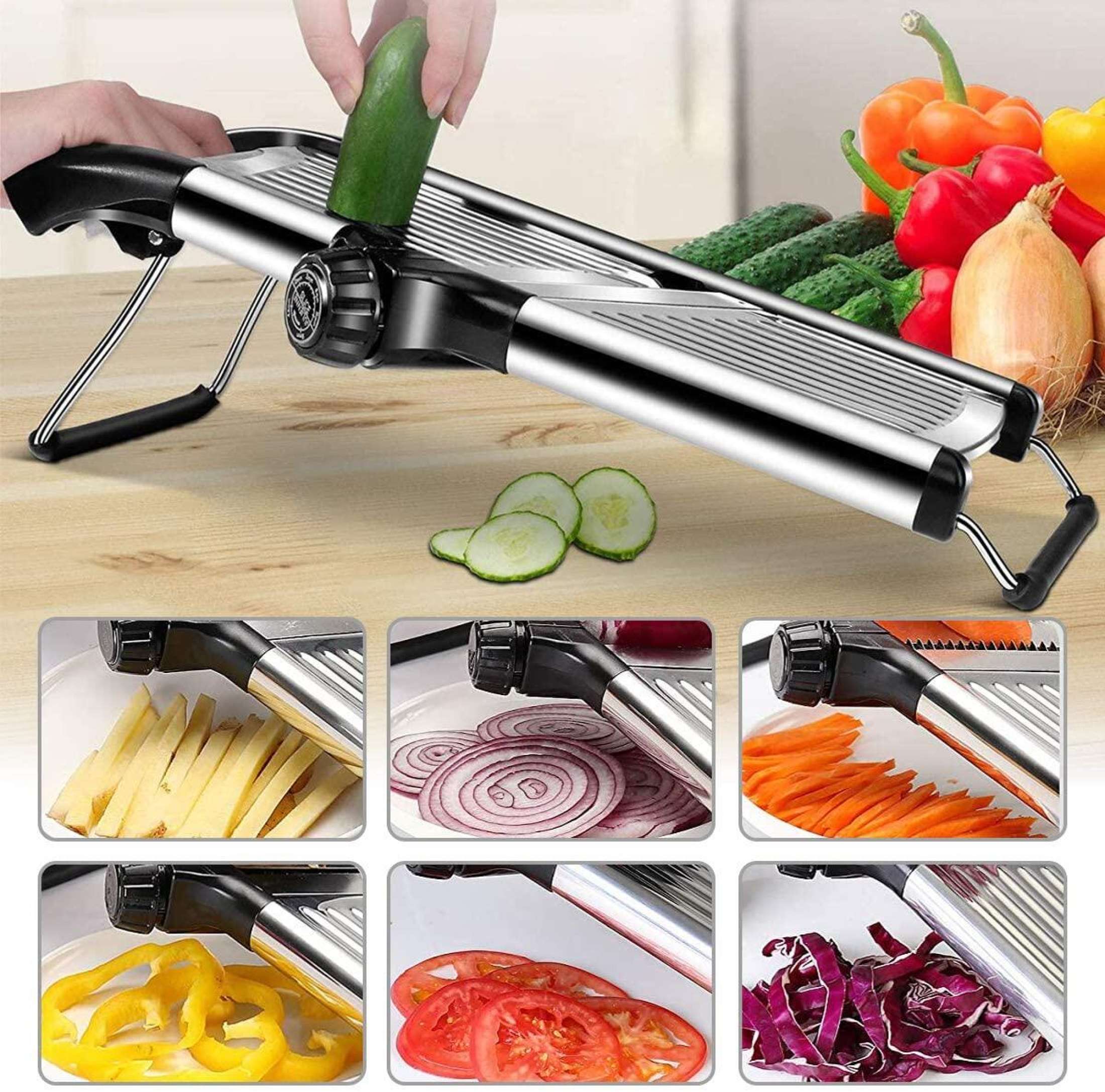 Adjustable Mandolin Slicer. For Cutting Food, Fruits And Vegetables.  Professional Grade Juliet Slicer. With Cut-resistant Gloves And Cleaning  Bru