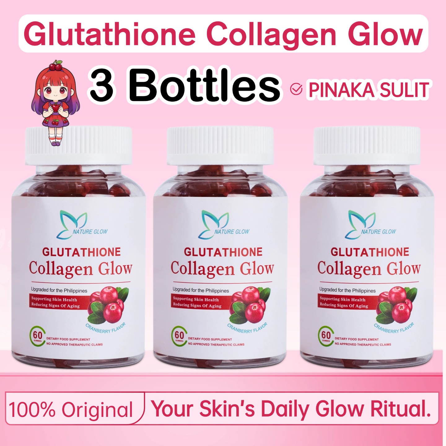 NATURE GLOW Glutathione Collagen Glow Glutathione Anti-Aging Whitening Skin Collagen 60pcs Gummies