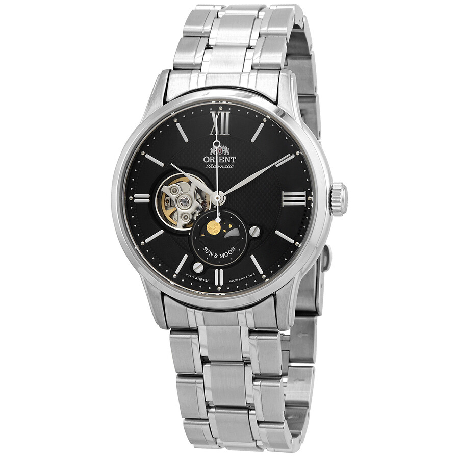 Orient Sun Moon Semi-Skeleton Open Heart Stainless Steel