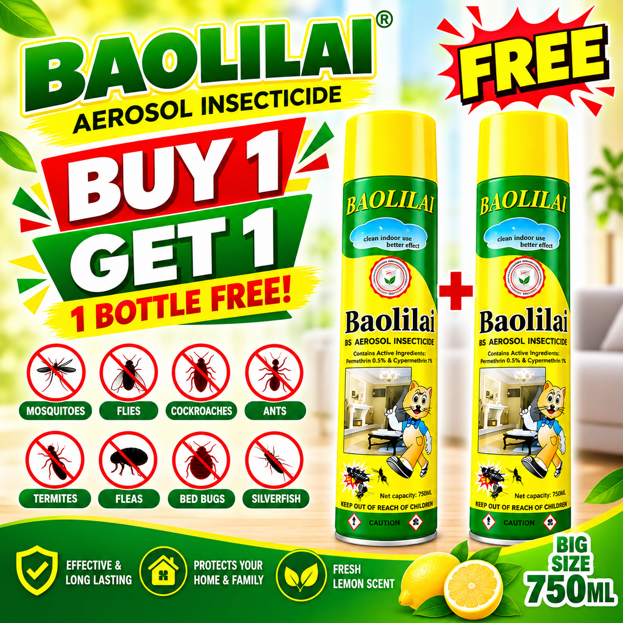 Buy 1 Get 1 Baolilai Aerosol Insecticide Spray Mosquito Spray Mosquito Killer Insect Killer 750ml