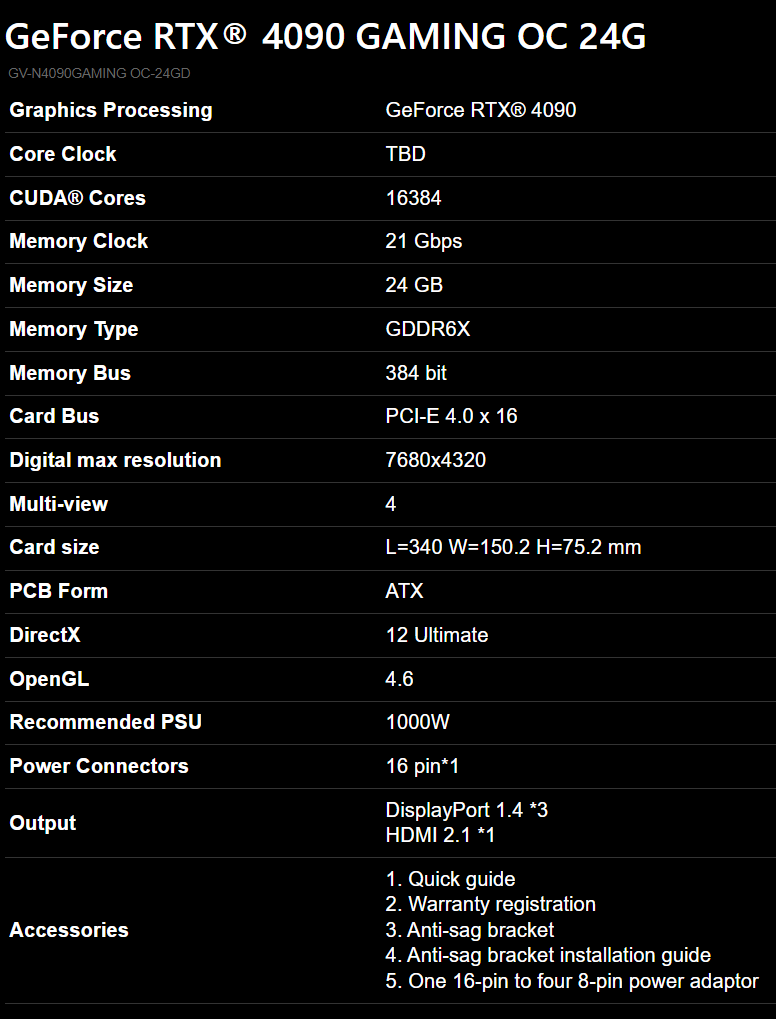 Gigabyte GeForce RTX 4090 GAMING OC 24G NVIDIA 24 Go GDDR6X
