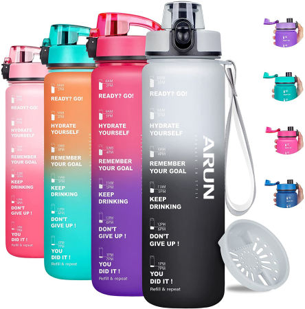 ARUN 1000ML Motivational Water Bottle, Leakproof with Times & Strainer