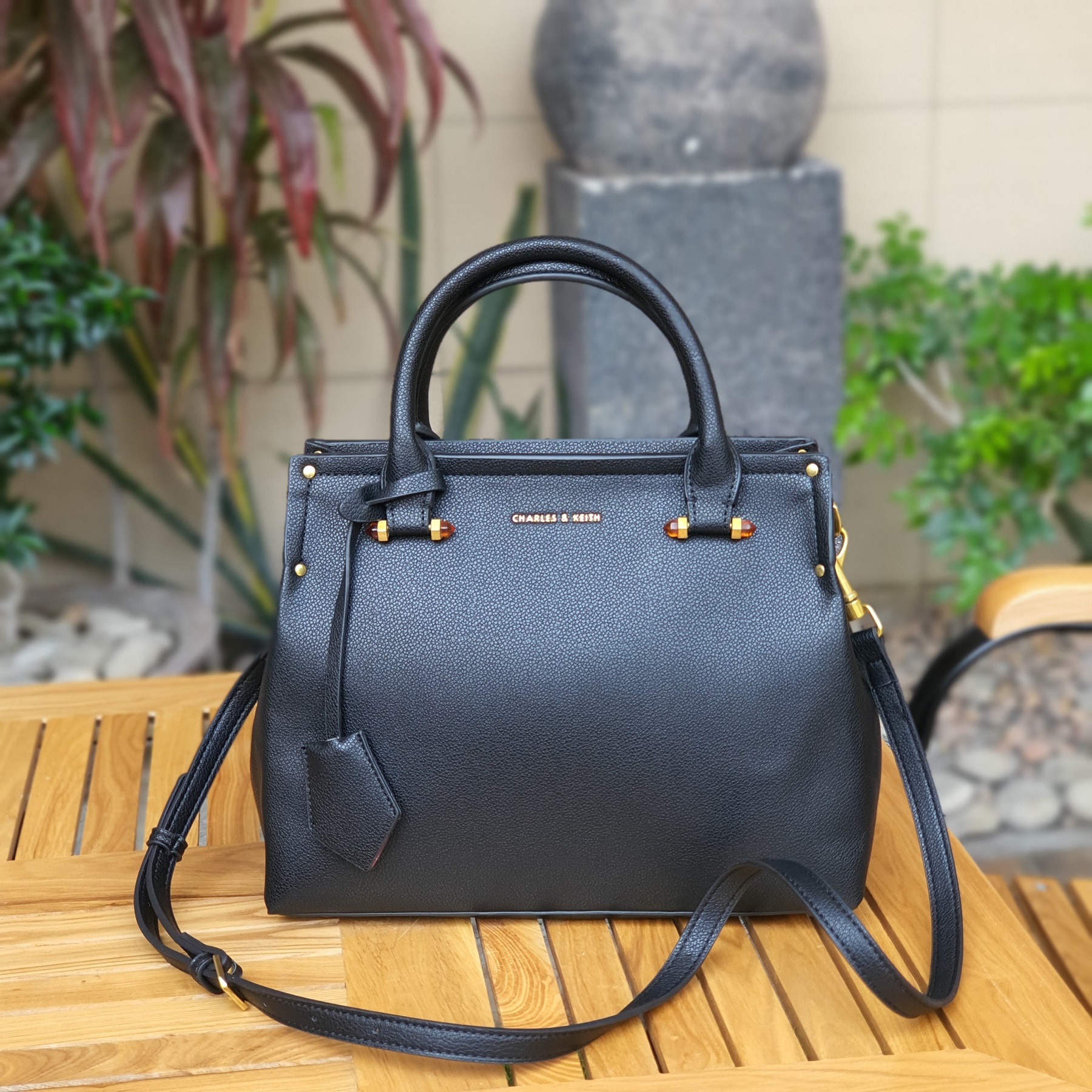 charles and keith handbag: double top handle structured bag in ultra-matte  black, Women's Fashion, Bags & Wallets, Shoulder Bags on Carousell