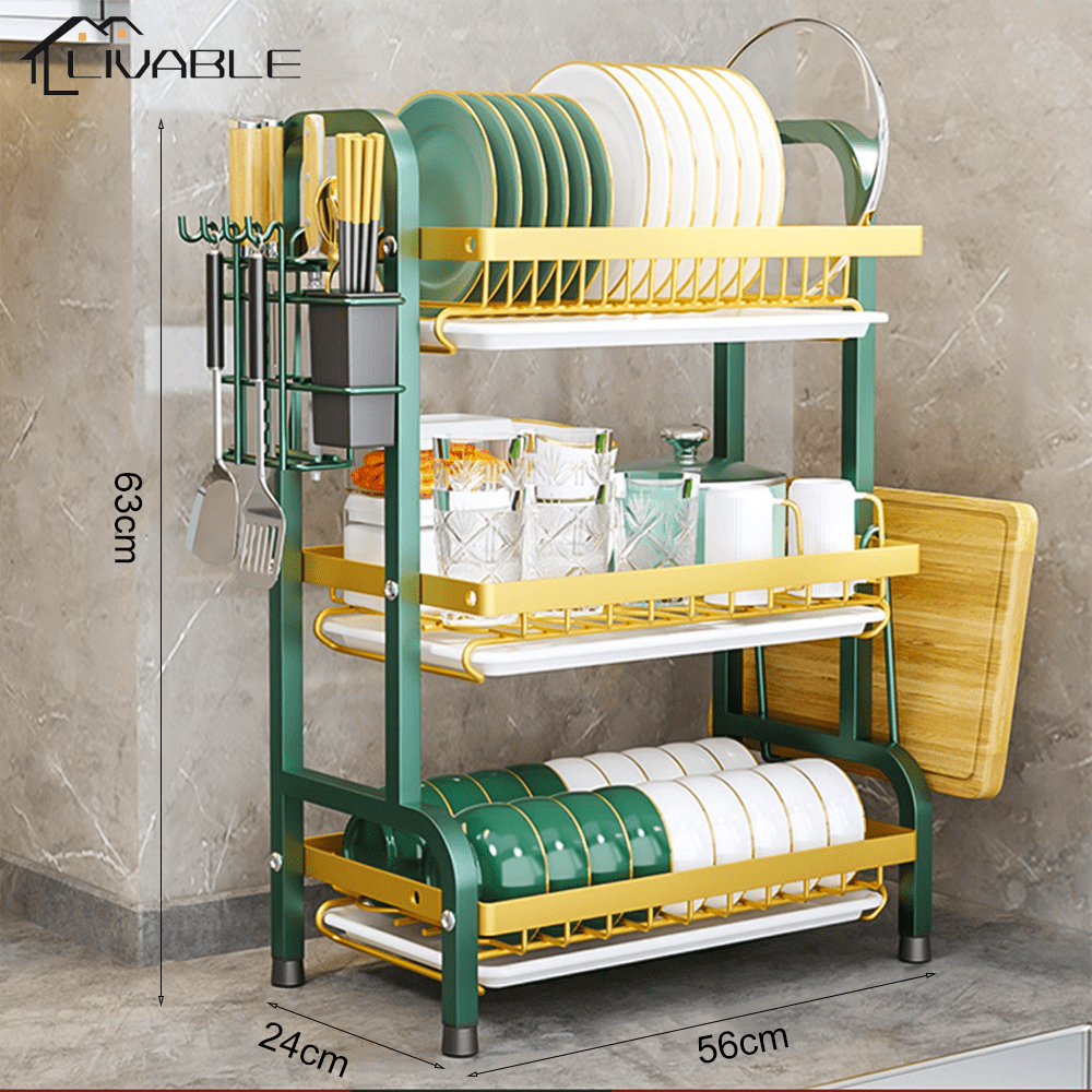 LIVABLE Kitchen Dish Rack Drainer With Tray Utensil Holder Dish Organizer Storage Steel Plate Rack Organizer - Image 3