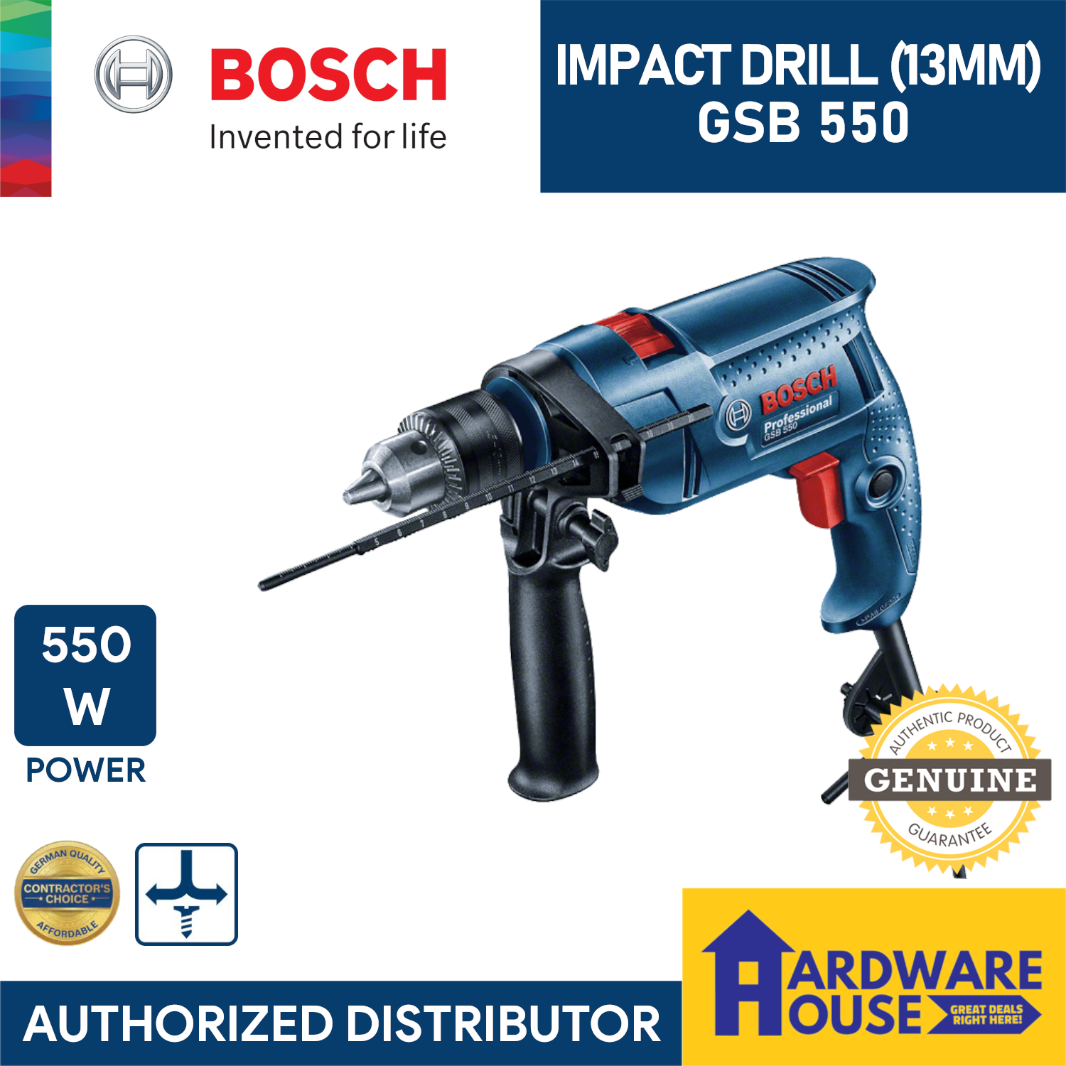 ORIGINAL BOSCH Impact Drill GSB 550 13MM Chuck Variable Speed