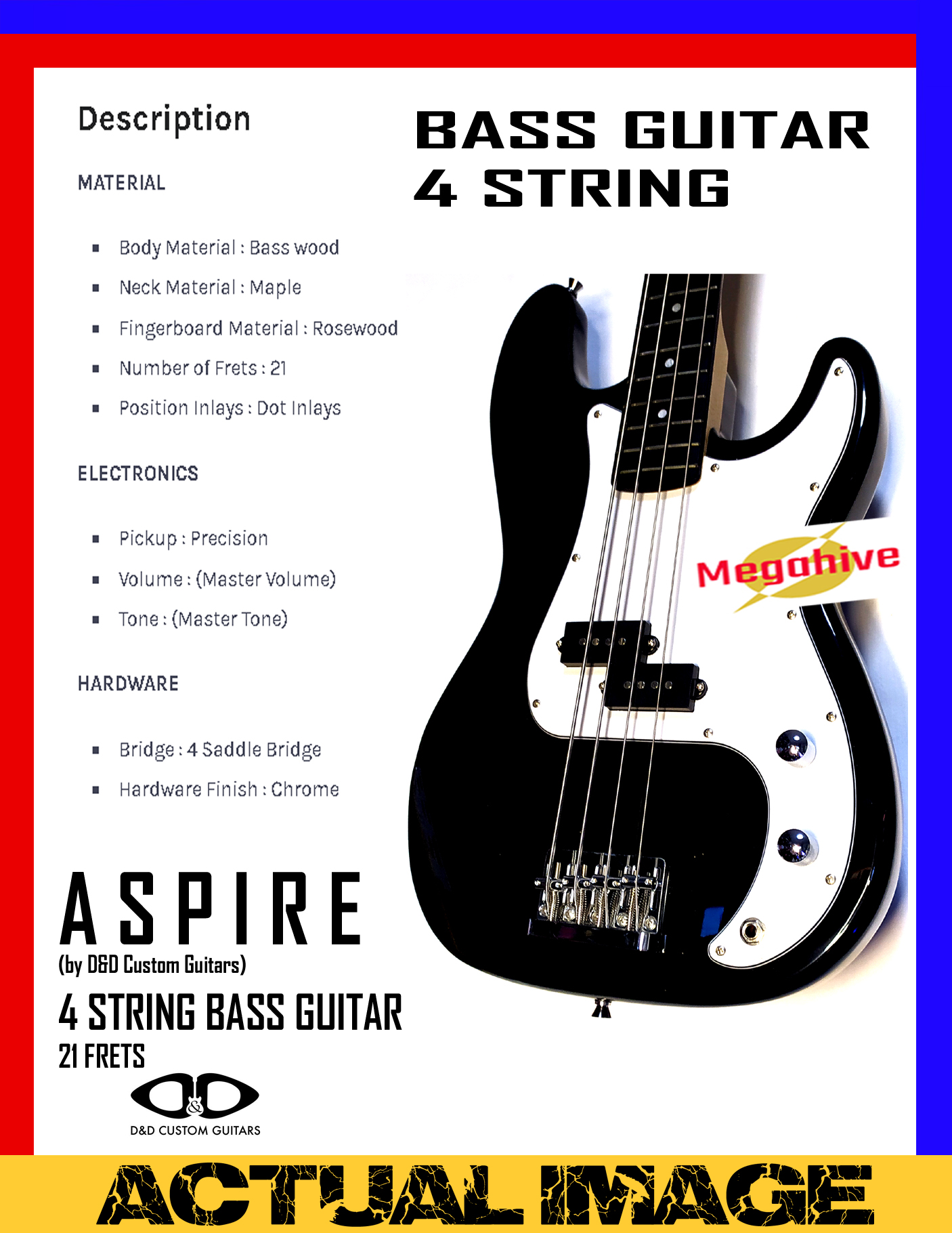 Electric Bass Guitar , Aspire 4 String 21 Frets by D&D Custom Guitars ...