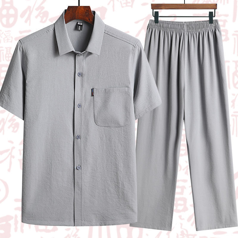 Summer short sleeve shirt middle-aged men cotton and linen suit middle-aged and elderly thin summer clothing dad shirt grandpa clothes