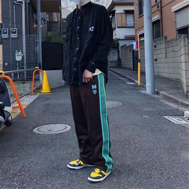 Girls Dont Cry Awge Needles Sweatpants Men Women Jogger Side Webbing  Striped Needles Trousers Butterfly Embroidery Awge Pants1