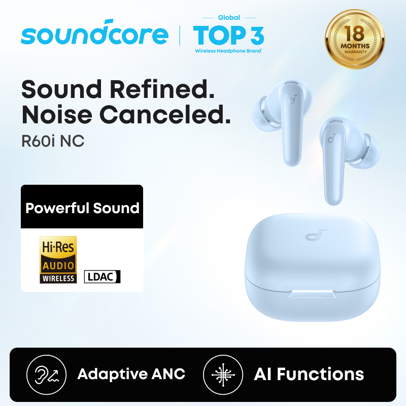 【NEW】soundcore by Anker R60i NC Noise Cancelling Wireless Earbuds 52 dB Adaptive ANC TWS Powerful Bass certified by Hi-Res, LDAC Bluetooth 5.4 Earphone Headphone