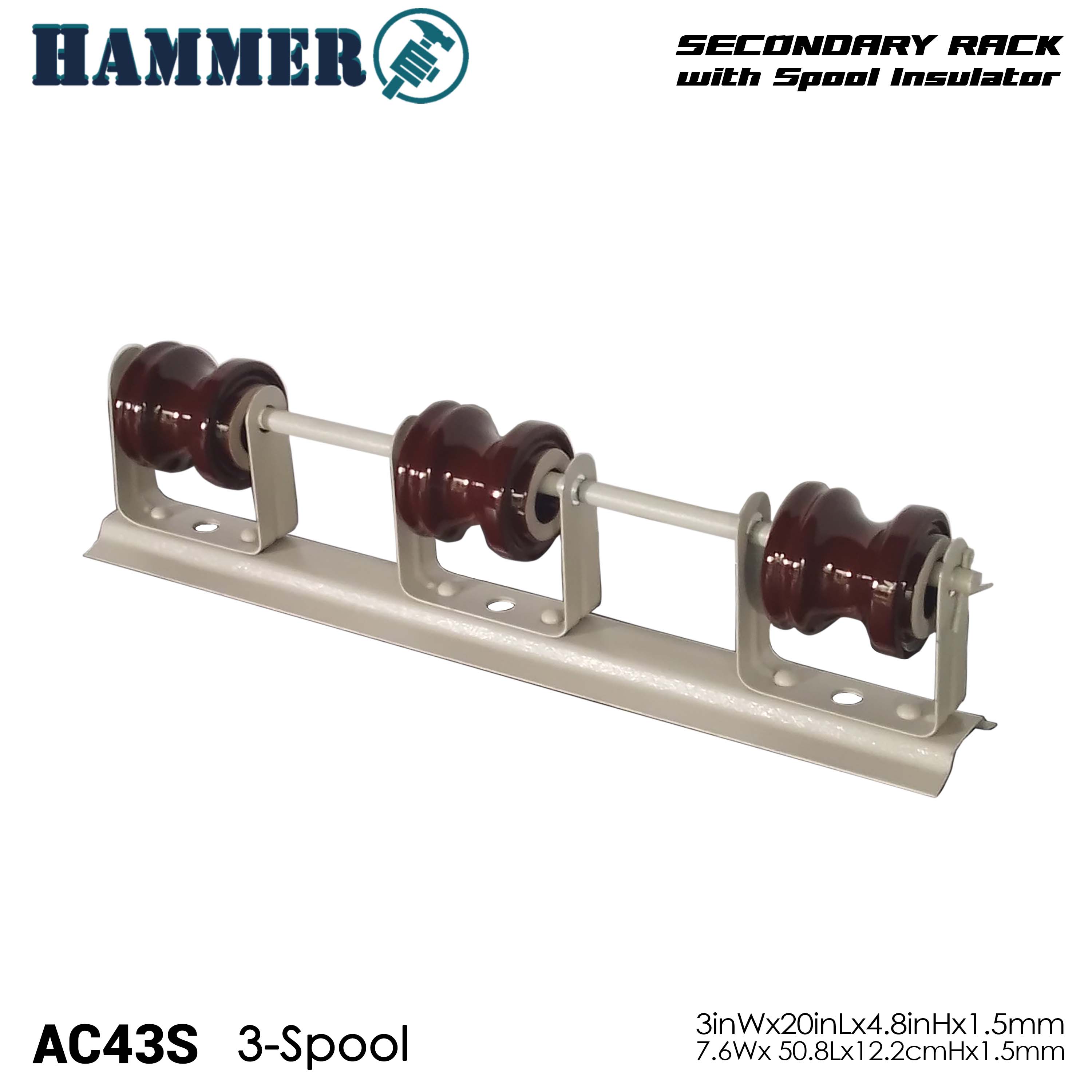 3-WIRE SECONDARY RACK, HEAVY DUTY 9 GAUGE (.148), NON-EXTENDED BACK with 3  ANSI 53-2 GRAY SPOOL INSULATORS, T2070109