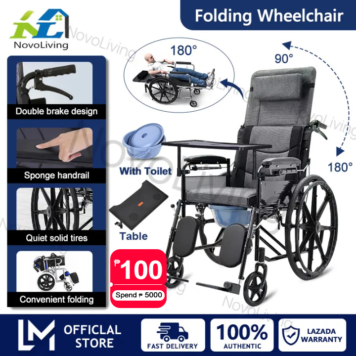 Novoliving Portable Foldable Wheelchair Wheel Chair for Senior, Paralyzed Elderly Multifunctional Light wheelchair Adjustable Hydraulic High Back Reclining Wheelchair for Pwd Adult 300KG (Toilet + Pillow)