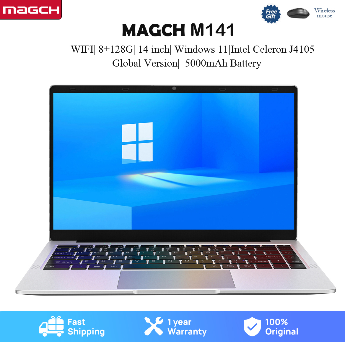 MAGCH 14inch Laptop Windows 11 Notebook 1920x1080 FHD Intel Celeron J4105 Computer Work Gaming Thin Laptop 8GB RAM 128GB 256GB ROM Gaming Notebook Pc Portable