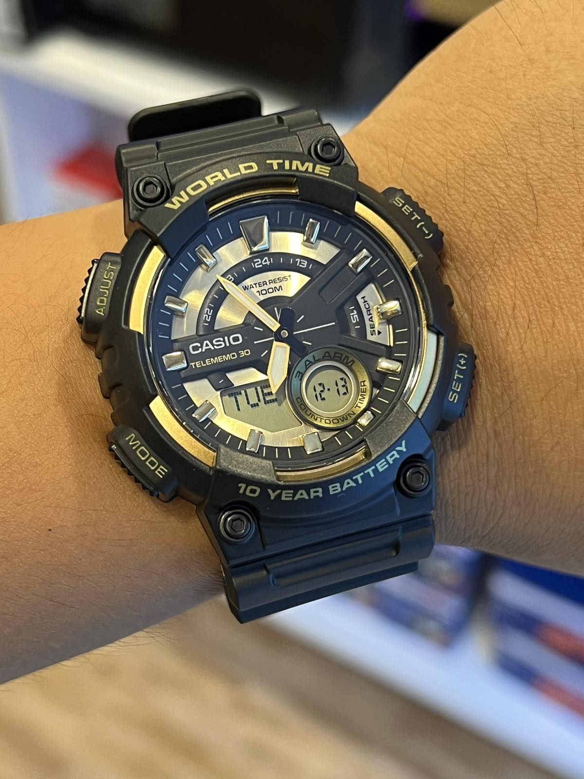 ORIGINAL CASIO World Time Analog Digital Black Resin Band Gold