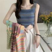 Diya Rainbow Knitted Top Crop Top Halter Contrast Color Knit Stripe Halter Camisole
