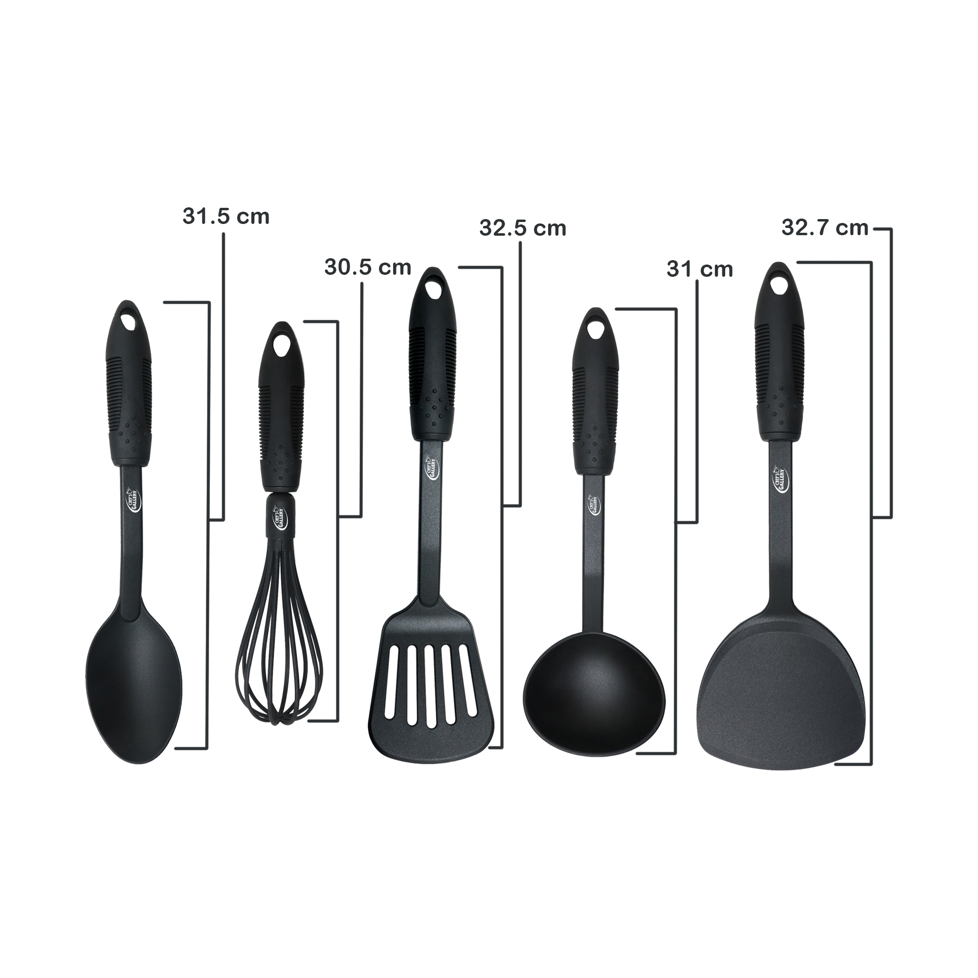 Deiss Art 5-Piece Nylon Utensil Set - Soup Ladle, Slotted Turner, Spaghetti Server, Serving Spoon, Slotted Serving Spoon - Soft