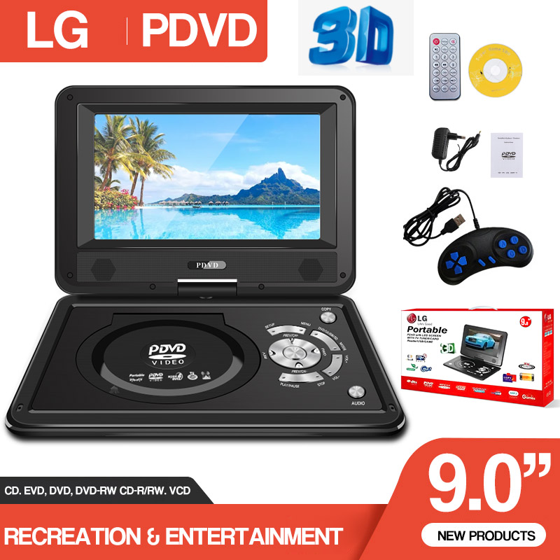 Ready Stock】LG 9 Inch Portable Mobile DVD With Mini TV HD Player Built-in  Rechargeable Battery Support SD Card