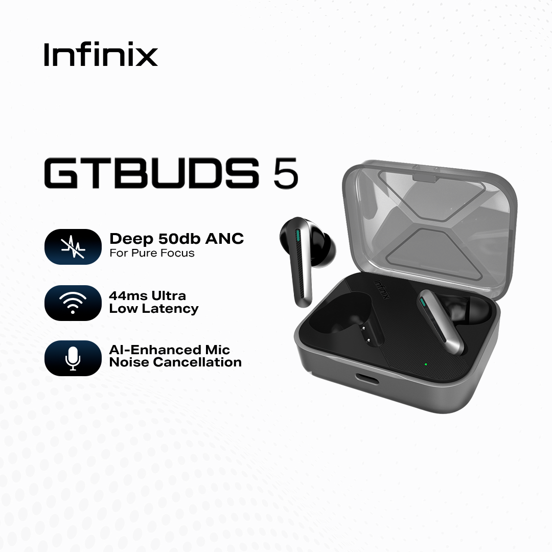 Infinix GT Buds / Deep 50dB ANC for Pure Focus / 44ms Ultra-Low Latency / Powerful 12mm Drivers for Explosive Audio / Immersive 3D Dobly Surround Sound / AI-Enhanced Mic Noise Cancellation Earphone