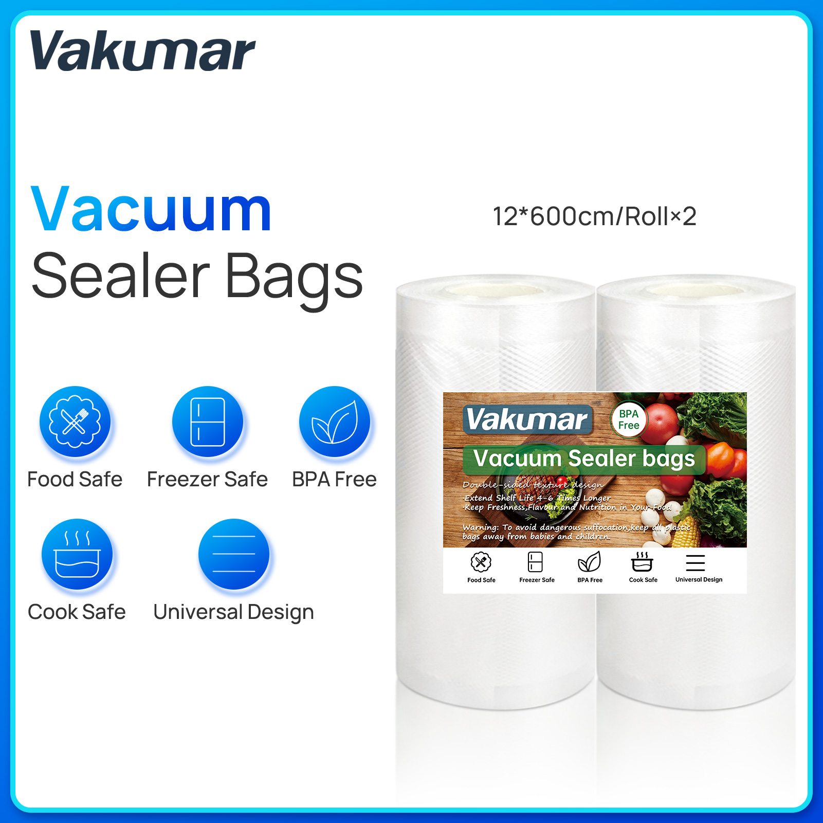 SEATAO Vacuum Sealer Bags,11 inchX 60 feet Rolls 2 Pack for Food