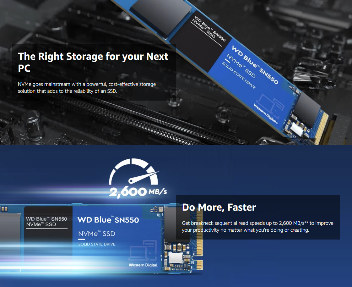 Western Digital 500GB WD Blue SN550 NVMe Internal SSD - Gen3 x4 PCIe 8Gb/s, M.2 2280, 3D NAND, Up to 2,400 MB/s - WDS500G2B0C