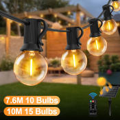 G40 Solar String Lights, 15 LED Bulbs, Waterproof, 10M