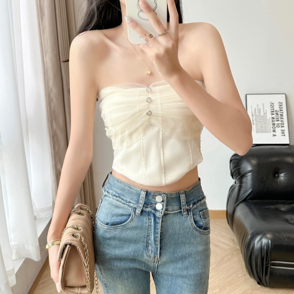 Mesh Off Shoulder 2024 Summer Elegant Lace Plain Tube Top Party Elegant Office Camisole Top Women#8802 - Image 3