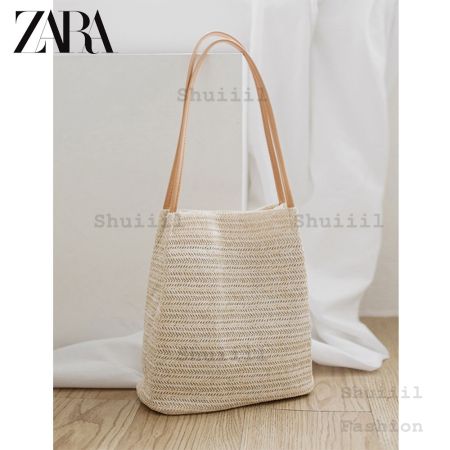 Summer Straw Beach Bucket Bag, Handmade Grass Tote 