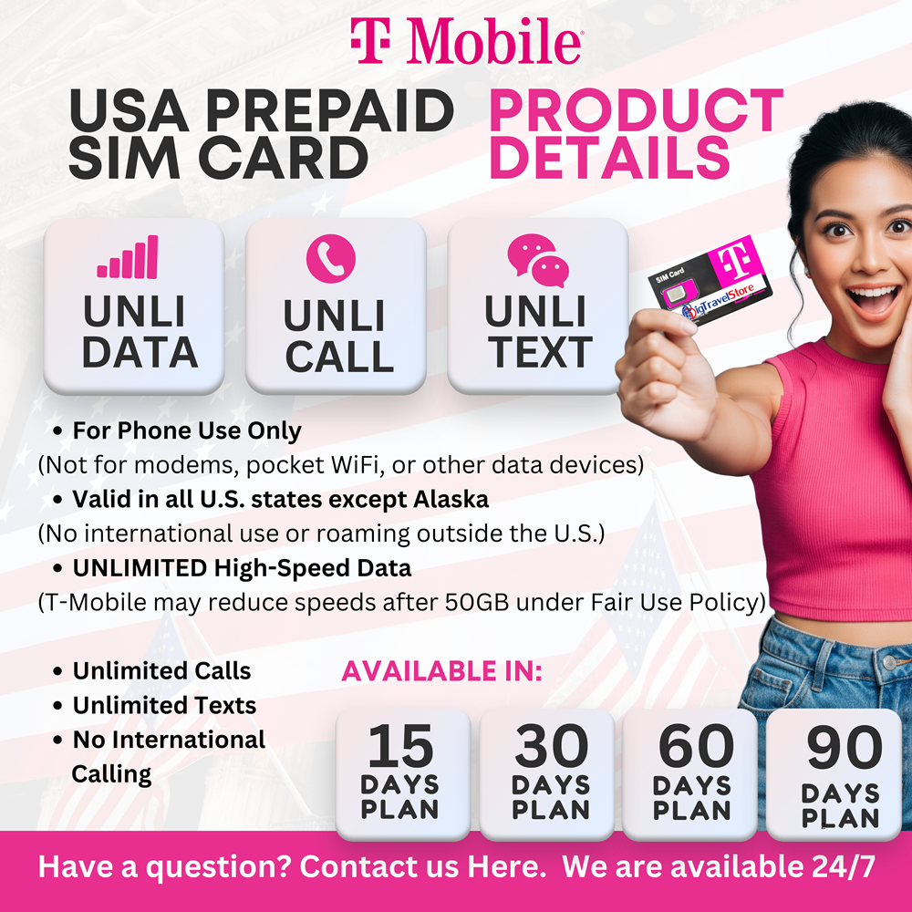 SIM Card Prepagata T-Mobile USA: Dati 4G LTE Illimitati, Chiamate E SMS In USA. Per Smartphone Sbloccati, Valida 30 Giorni.