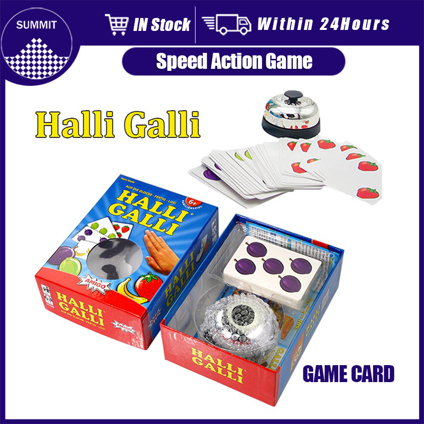 a halli galli boardgame box with all the cards and instructions