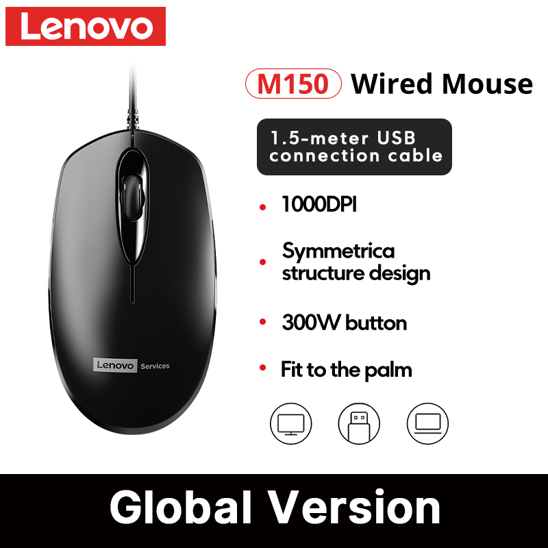 Lenovo M150 Wired USB Mouse Portable Comfortable Lightweight 1600 DPI with 125hz High Quality Optical Ergonomic PC Gaming Mouse for Office Home Use Gaming Support PC/Mac/Laptop