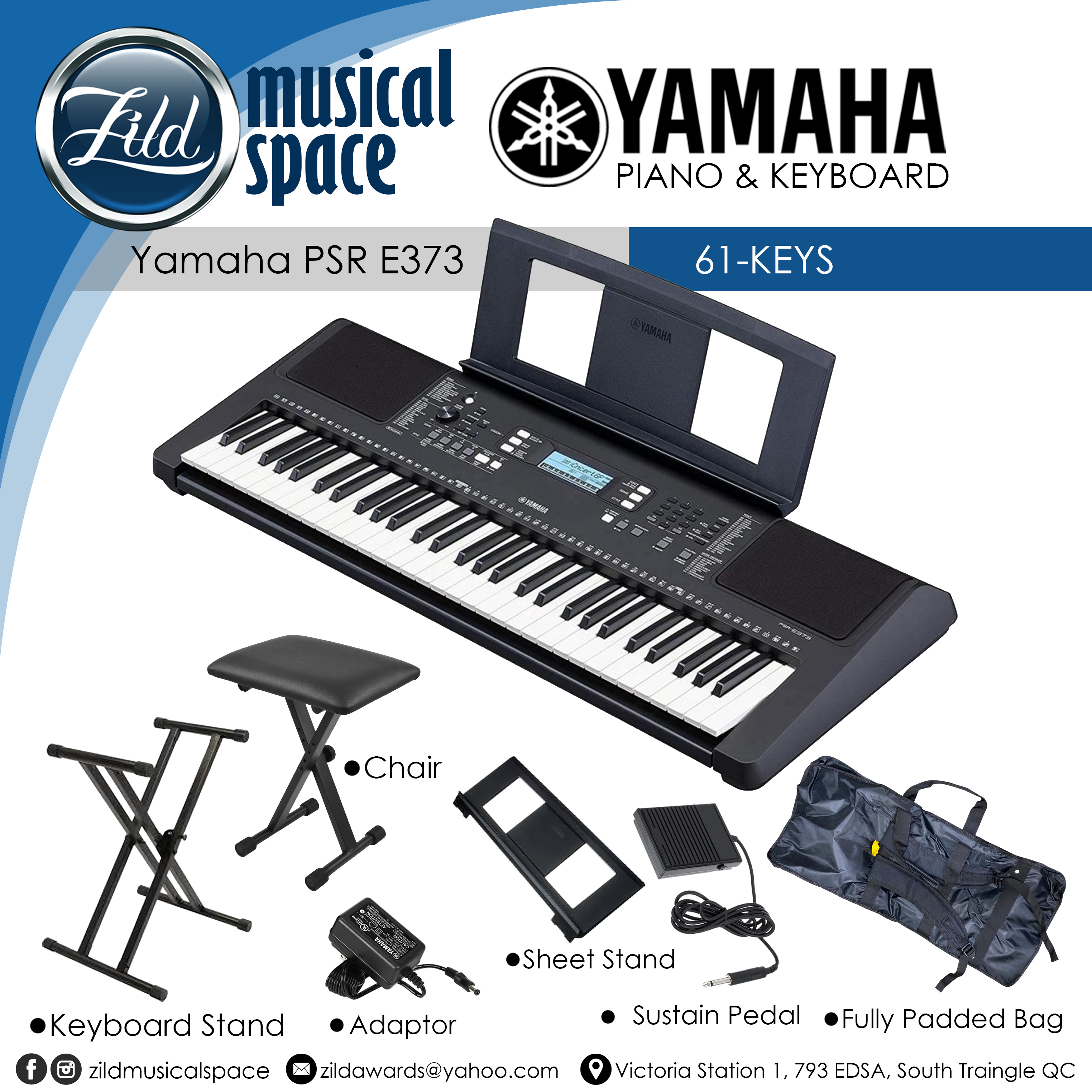 Keyboard Bundle With Stand Yamaha PSR-E373 Keyboard Pack - 61-Key
