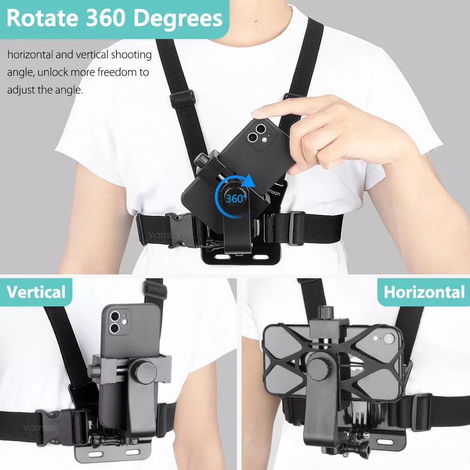 Hands-Free Cell Phone Chest Mount Harness For Stable Video Recording, Black