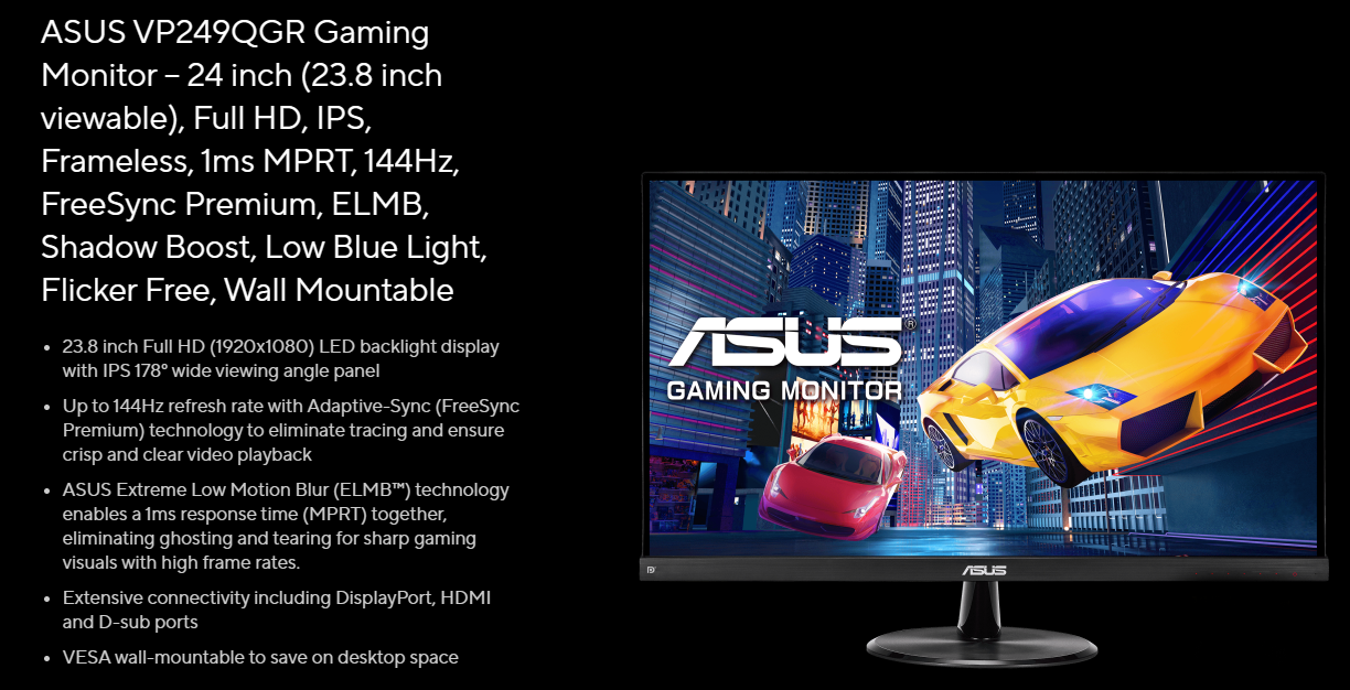 PTYTEC Computer Shop - Monitor Gaming ASUS 24 VP249QGR FHD, IPS, 144Hz,  1ms, HDMI, D-Sub, Display Port, AMD FreeSync Premium