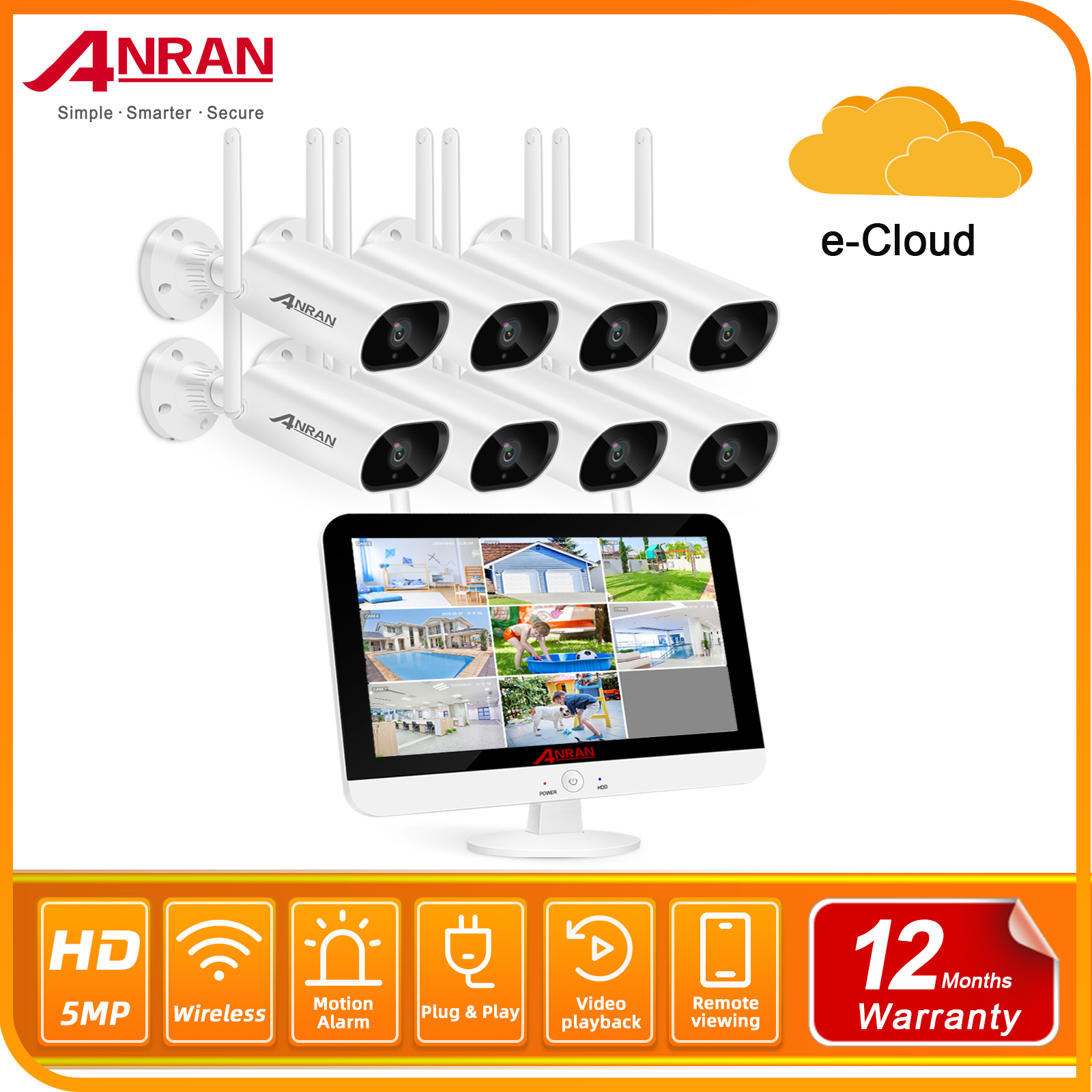 Set Monitor Security Camera Outdoor 5MP Wifi Wireless IP CCTV 13"LCD 8CH 1TB 
