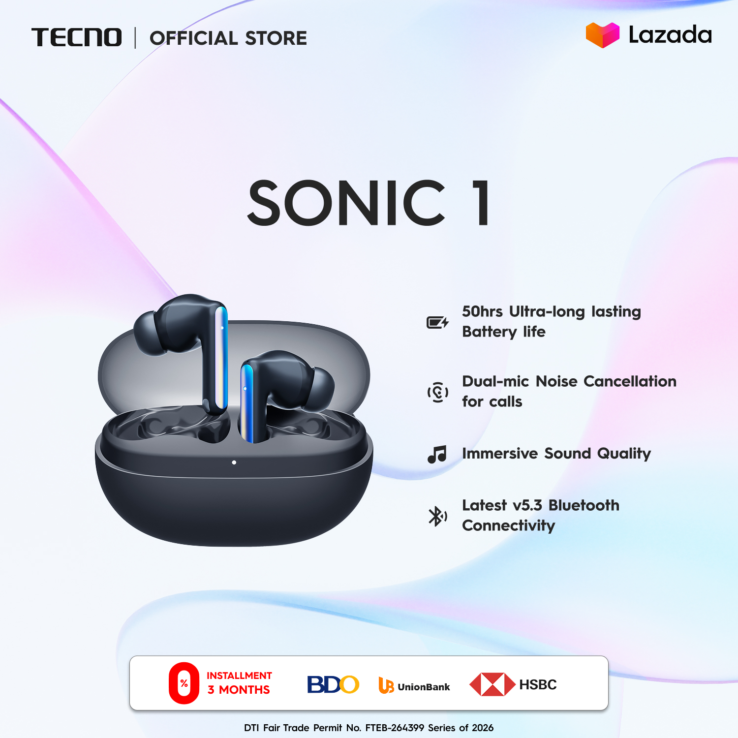 TECNO SONIC 1 Wireless Headset / 50 hours Ultra-Long lasting Battery Life