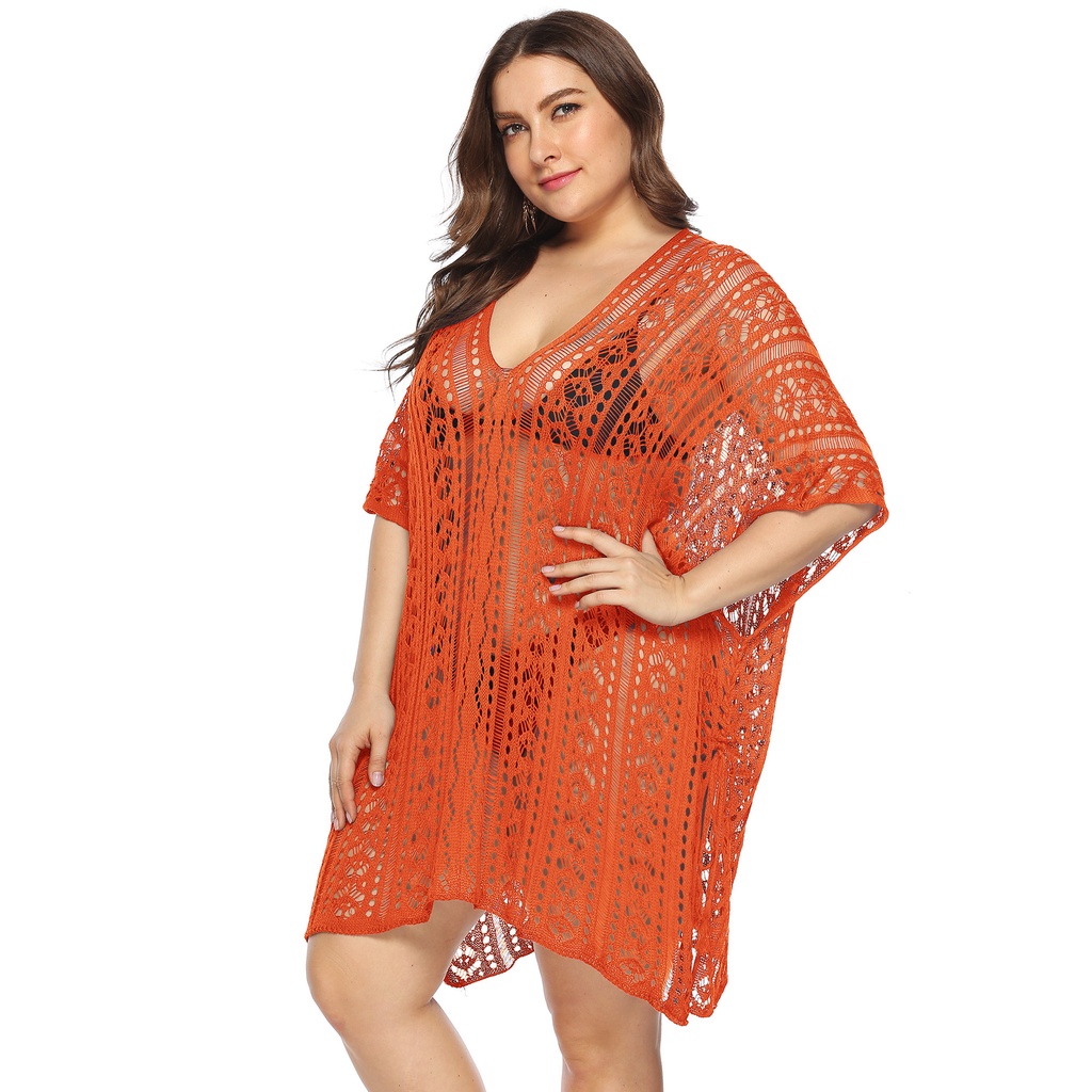 Plus Size V Neck Solid Color See Through Women Beach Cover Up