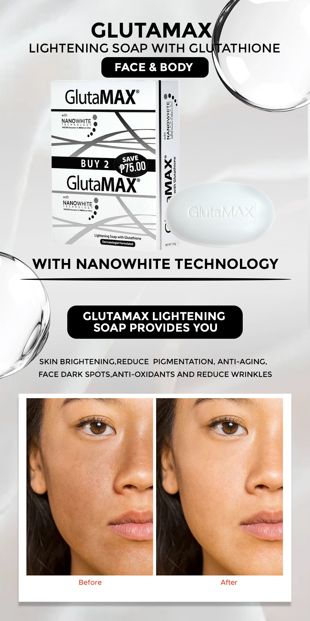 glutamax lightening soap with glutathione 75g product info and reviews GlutaMAX Lightening Soap with Glutathione 135g Moisturizing Firming Anti-oily Face