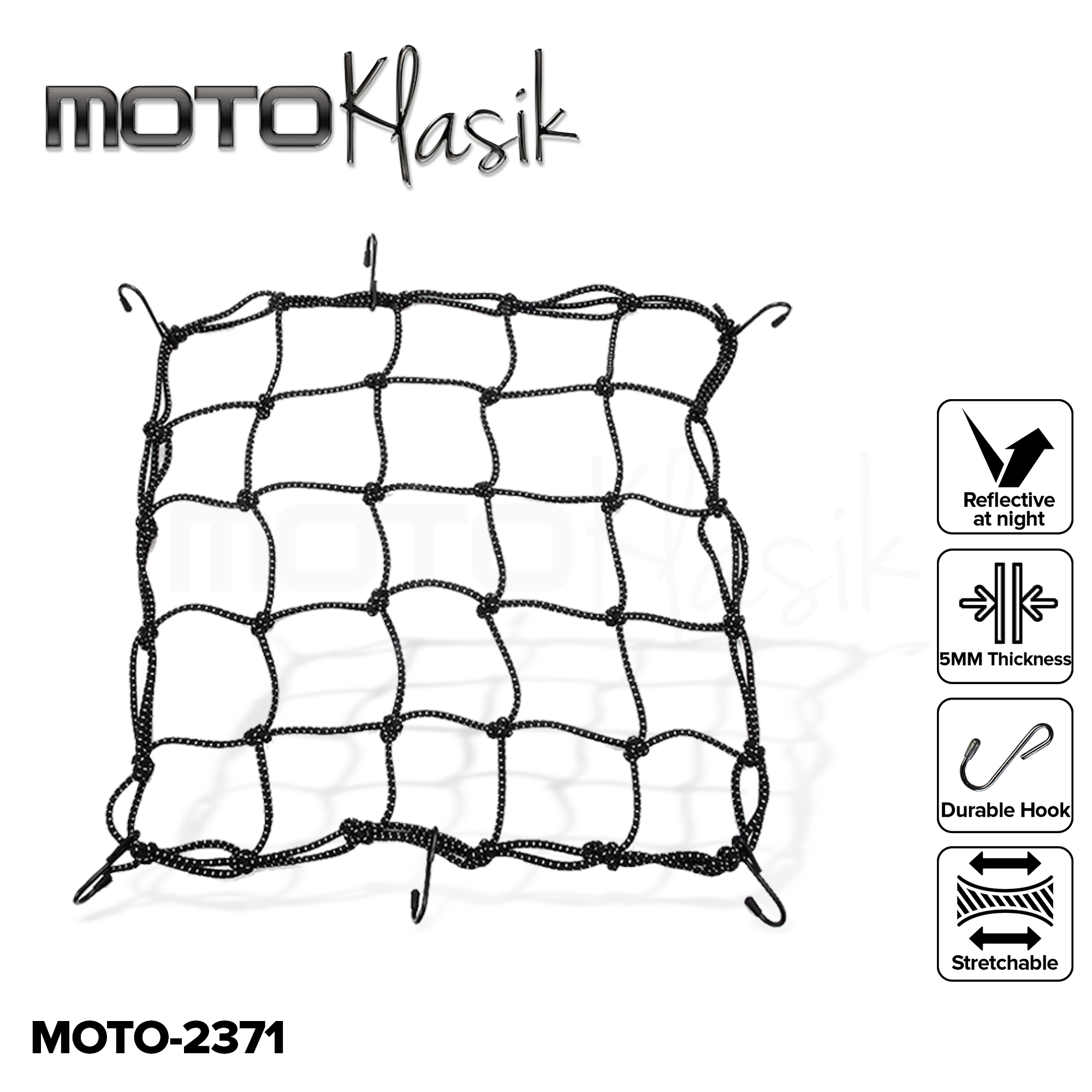MOKOTO REFLECTIVE CARGO HELMET NET MOTO-2371 / UNIVERSAL ANTI-BREAKING 6 HOOKS  SPIDER NET FOR MOTORCYCLE