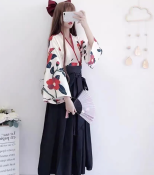 Girls Japanese Style Retro Kimono Yukata Long Sleeve Party Dress Woman Floral Samurai Tops Robes Bow Belt Skirt Haori Outfit Set