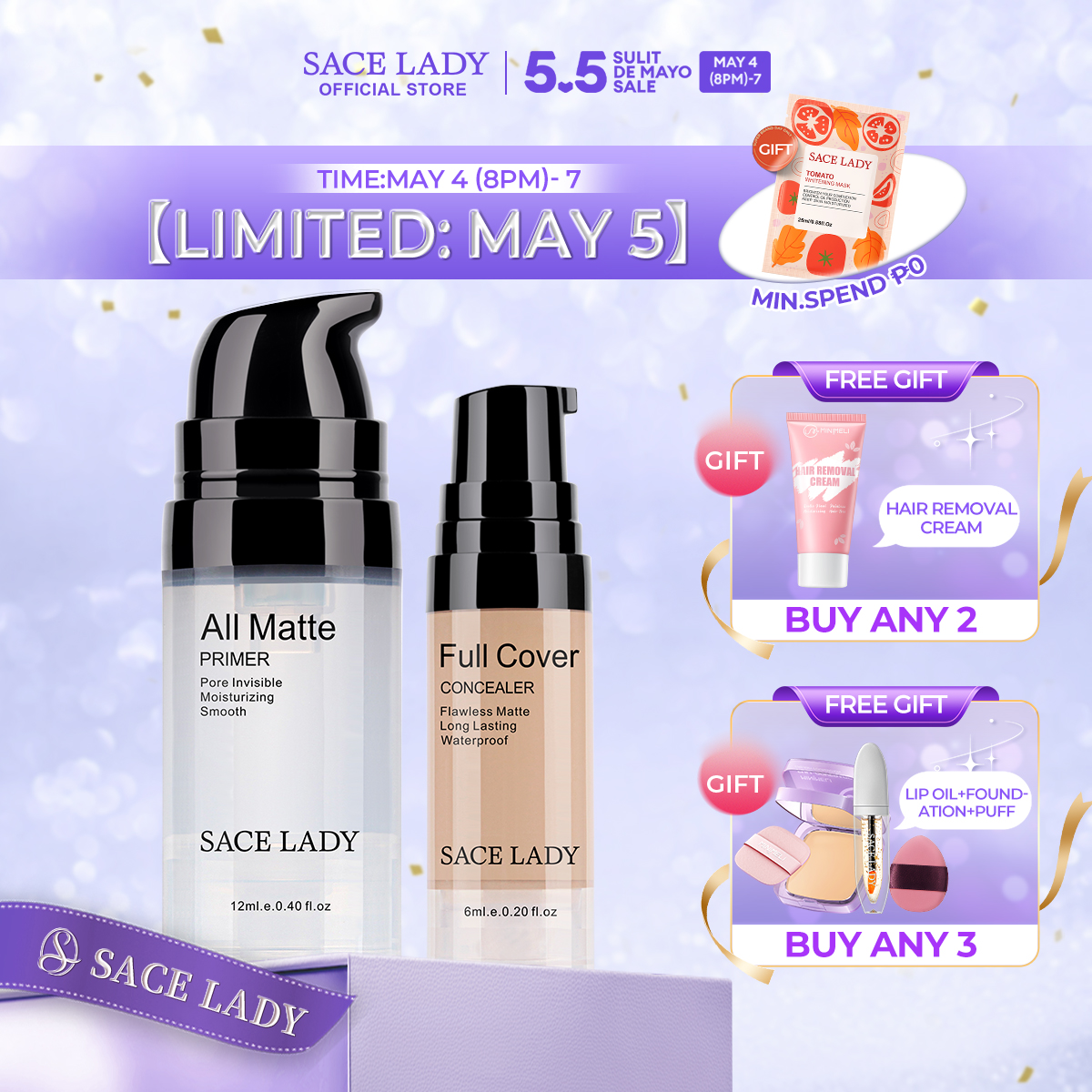 Discount on SACE LADY  shoes - SKU: SACE LADY 3Pcs Makeup Set Poreless Primer Base + Full Cover Concealer Cream + Matte Liptint Oil Cont