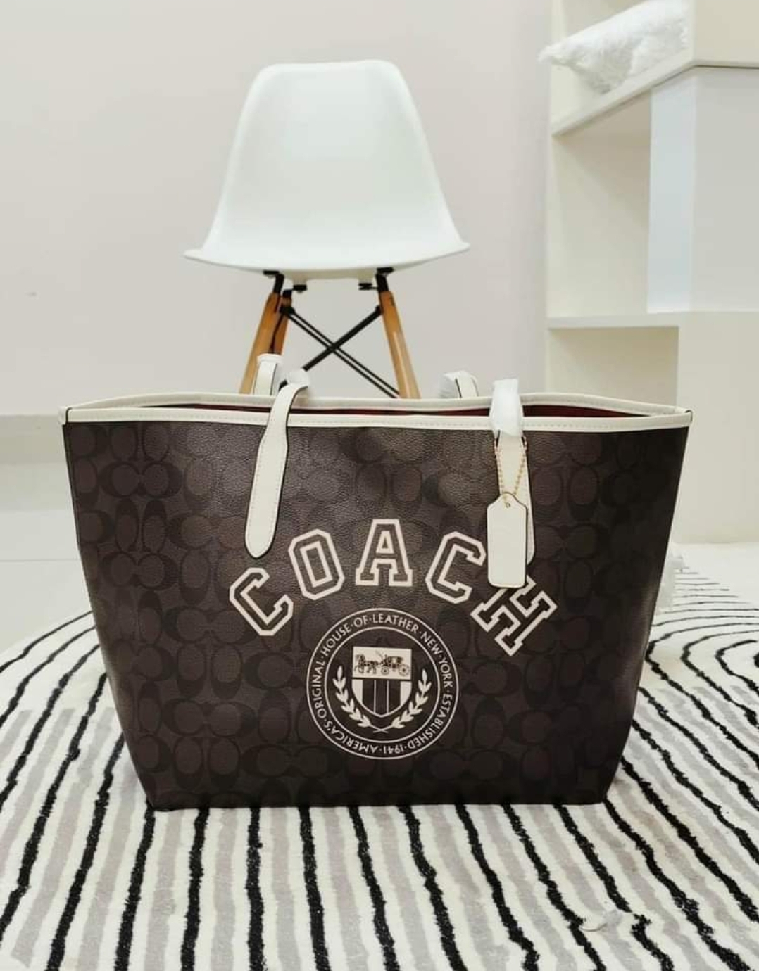 NWT COACH City Tote In Signature Canvas With Varsity Motif CB869  Im/Brown/Chalk