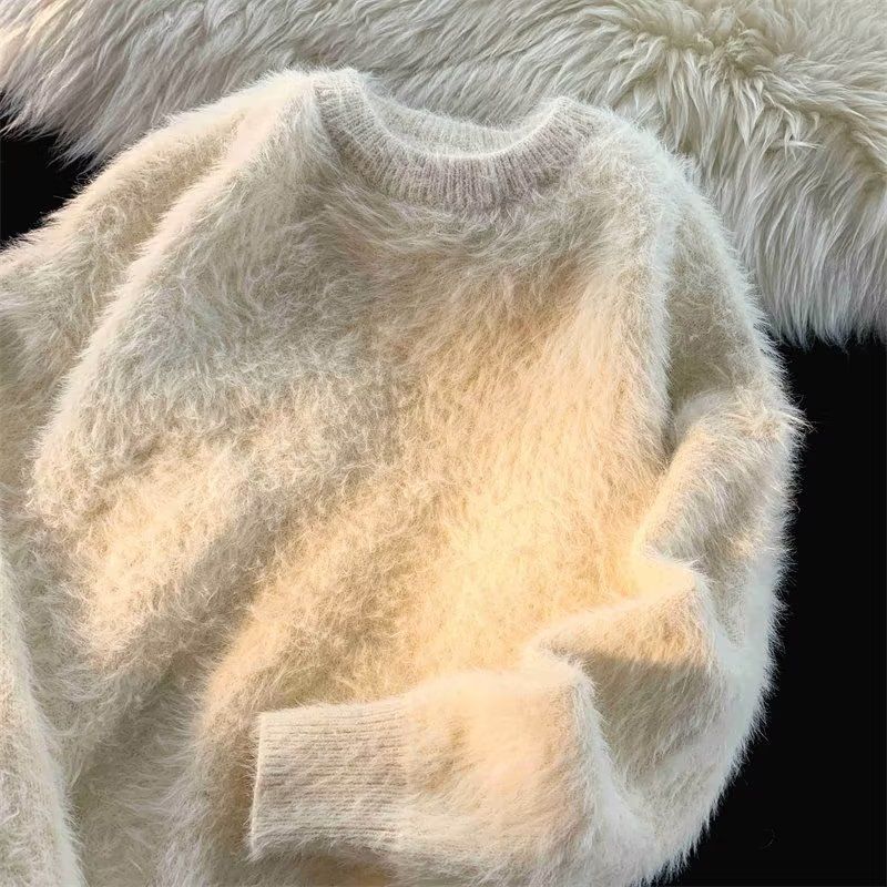 Luxury V-Neck Mink Cashmere Knit Cardigan Mohair Crocheted Sweater Coat  Faux Fur Furry Jacket Velvet Lantern Sleeve Tops Sueter