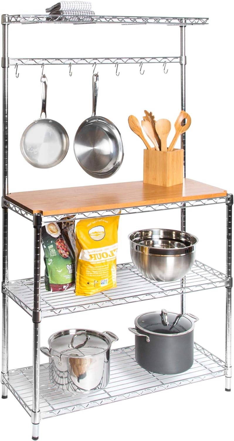 Seville Classics Steel Bakers Rack with Solid Hard Wood Top Shelf