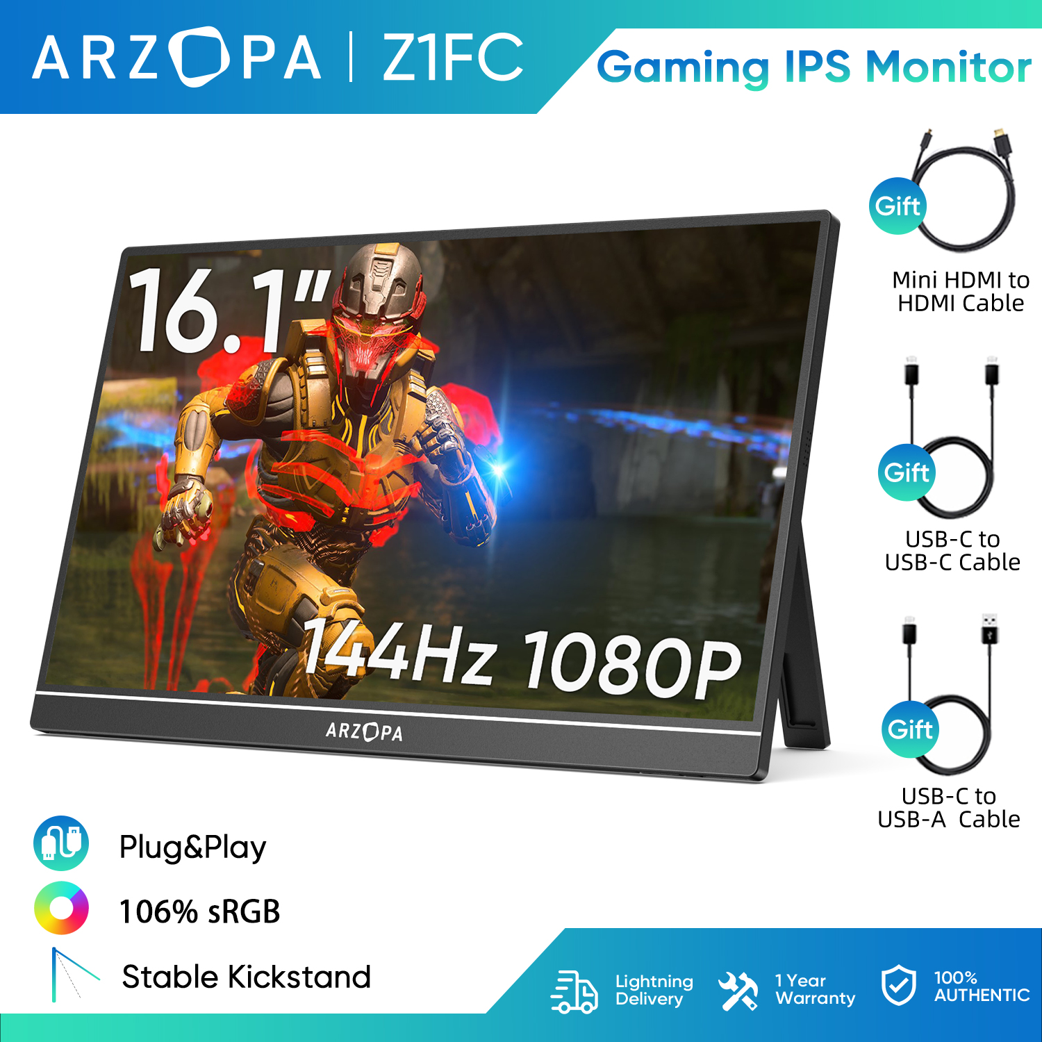 ARZOPA 16.1'' Portable Gaming Monitor with 144Hz and HDR