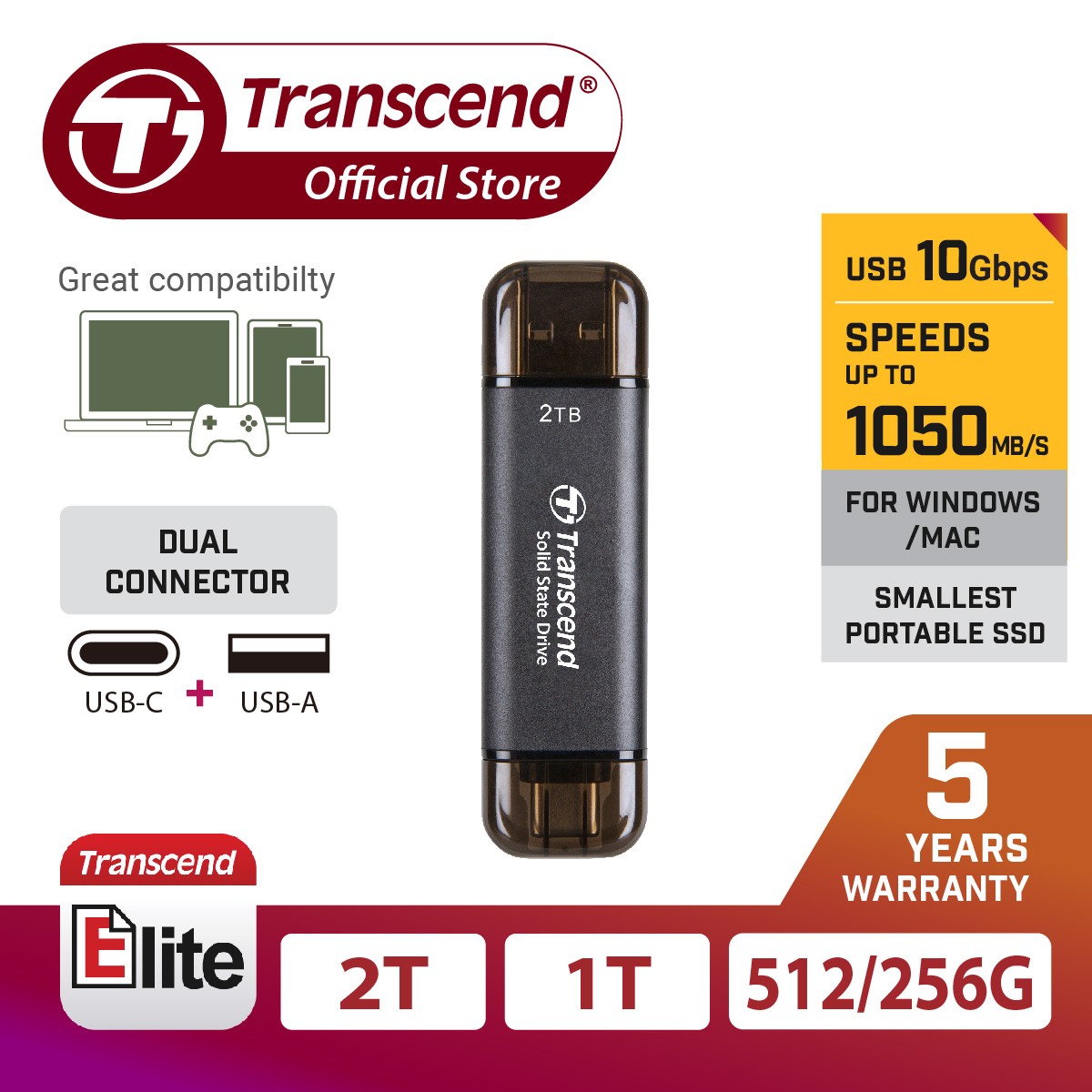 Transcend ESD310 Type C Portable SSD with Free Pouch